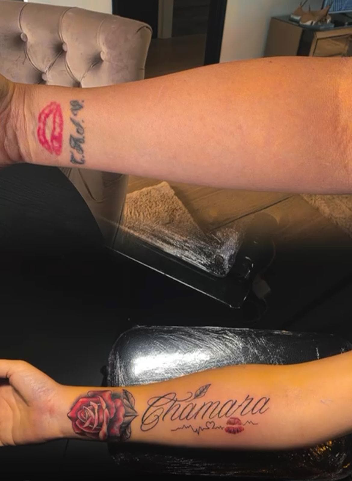 Voor en na van een cover-up tattoo bij Tattoo Nixxx in Eindhoven
