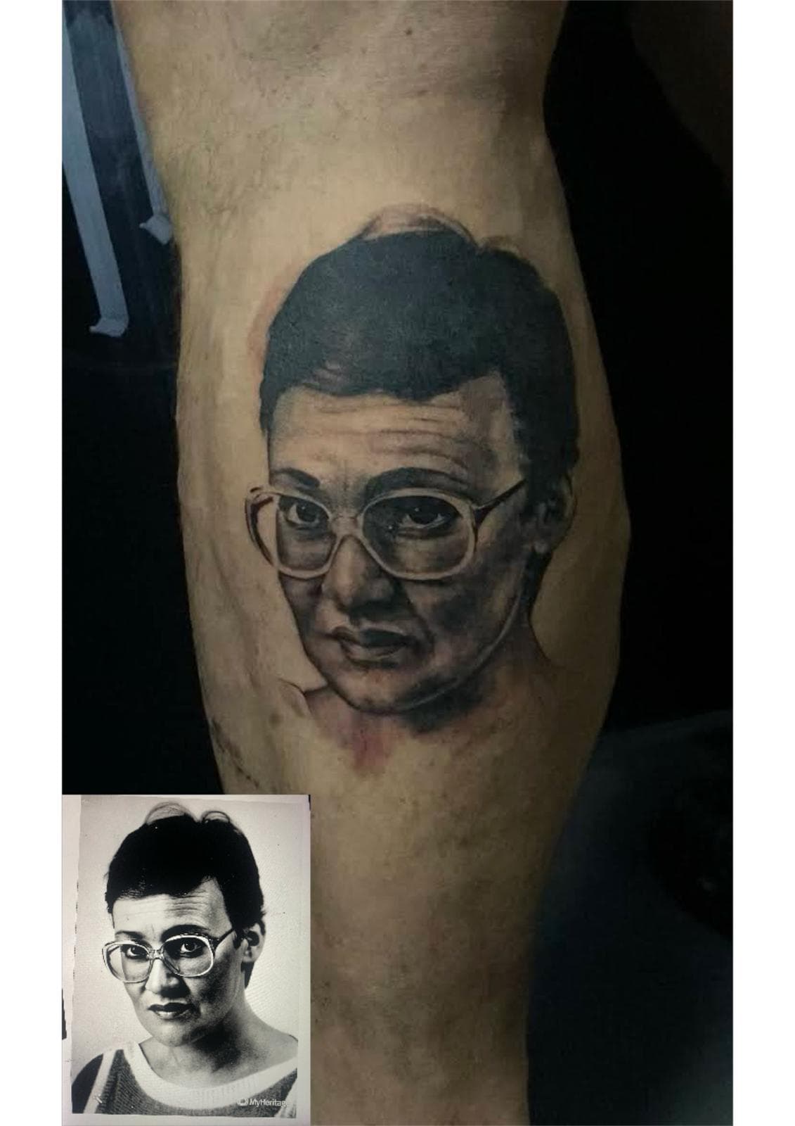 Realistisch portret vrouw met bril op onderbeen